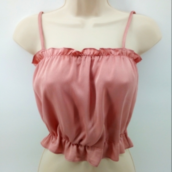 Free People Intimately Pink Salmon Dusty Elastic Ruffle Crop Tube Top Satin S - Picture 9 of 9